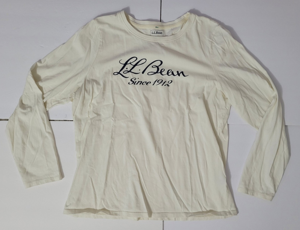 LL Bean Womens M Regular Ivory Since 1912 Logo Long Sleeve Cotton T Shirt